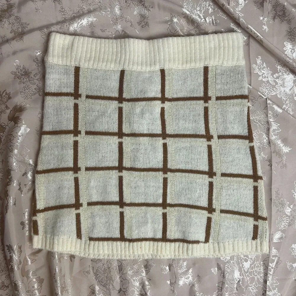 NWOT West of Melrose PacSun Cream Brown Grid Knit Sweater Mini Skirt Size S